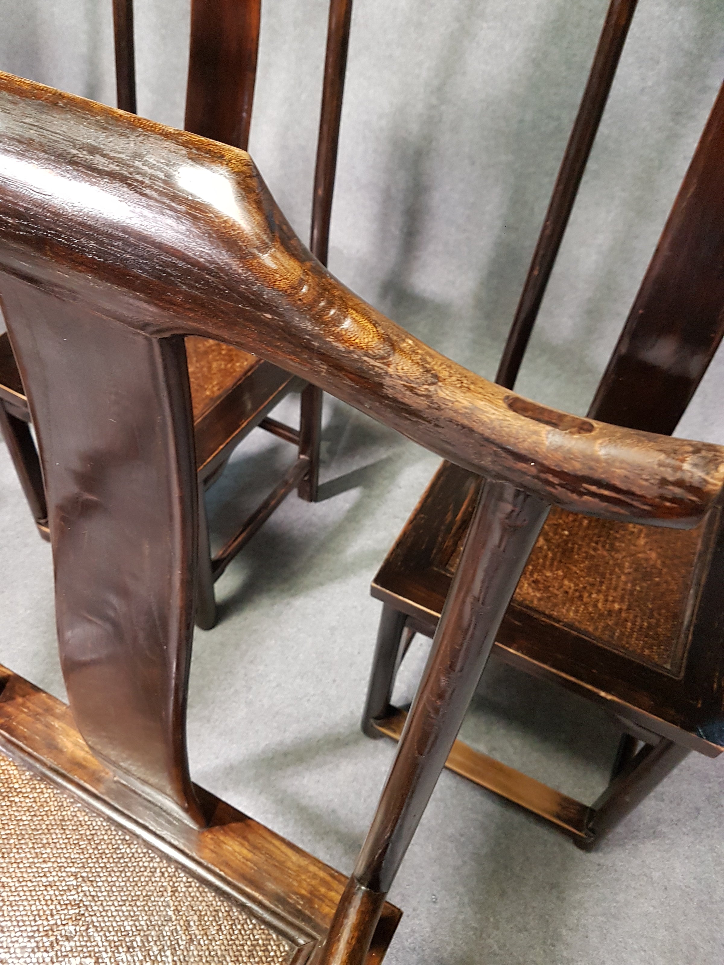 6 x Vintage Oriental Asian Chinese Brown Tallback Yokeback Side Chairs. 2 x armchair / 4 x without armrest.