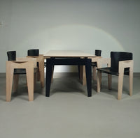 Arnold Merckx dining set in rare ahorn wood / black leather chairs 1980s.