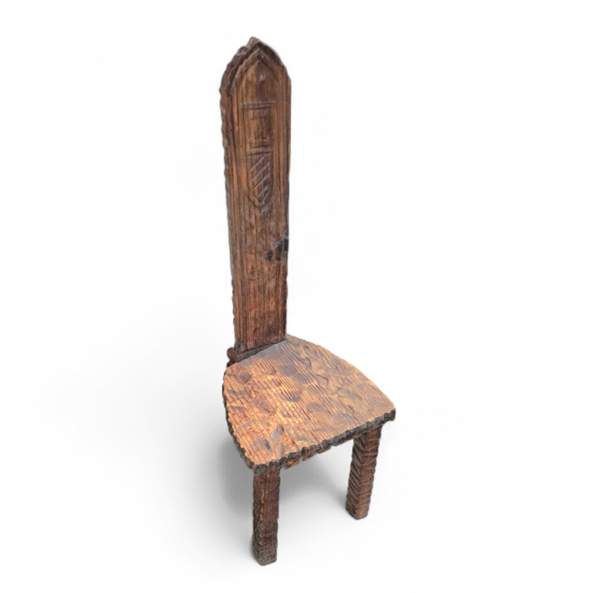 Brutalist primitive hall chair / hand-carved from solid wood and detailed with beautiful gouge woodwork