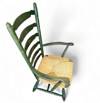 Vintage transparent Green Wooden Arm Chair / Rush Seat / high back Ladder chair