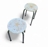 Stools with a decorative top made with sand , seashells, and a starfish embedded in a clear acrylic / 1970s