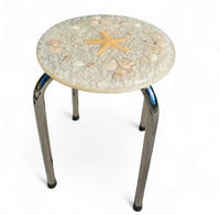 Stools with a decorative top made with sand , seashells, and a starfish embedded in a clear acrylic / 1970s