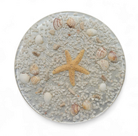 Stools with a decorative top made with sand , seashells, and a starfish embedded in a clear acrylic / 1970s