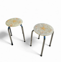 Stools with a decorative top made with sand , seashells, and a starfish embedded in a clear acrylic / 1970s