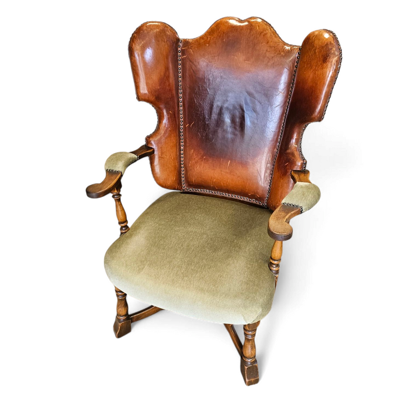 Rare leather and oak wing chair designed by Theo Ruth for Artifort / f 297 from 1949