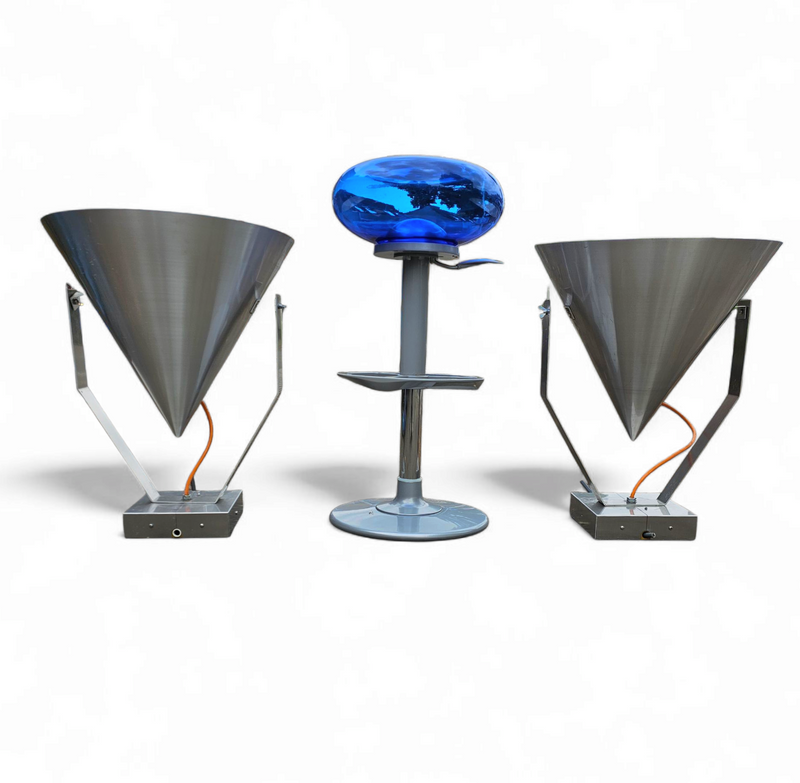 A pair of modern / aluminum / large / conical / industrial style lamps /  designed for ceiling or wall