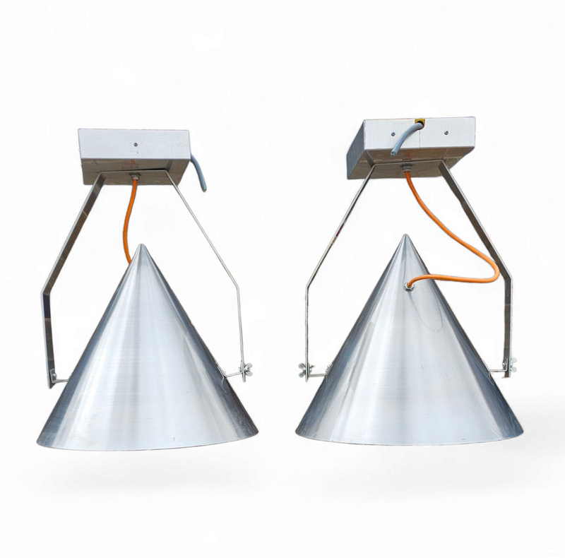 A pair of modern / aluminum / large / conical / industrial style lamps /  designed for ceiling or wall