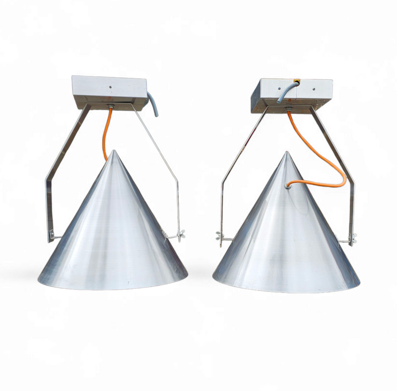 A pair of modern / aluminum / large / conical / industrial style lamps /  designed for ceiling or wall