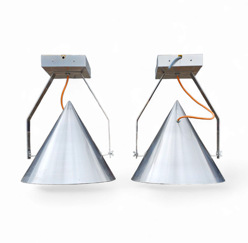 A pair of modern / aluminum / large / conical / industrial style lamps /  designed for ceiling or wall