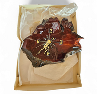 MACYS in box / wood tree slab clock / resin coated dark stained woodgrain sliced segment burled natural grain bark rustic lodge brass 1980s