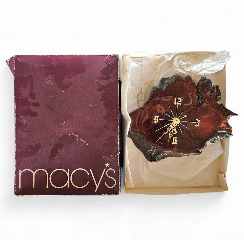 MACYS in box / wood tree slab clock / resin coated dark stained woodgrain sliced segment burled natural grain bark rustic lodge brass 1980s