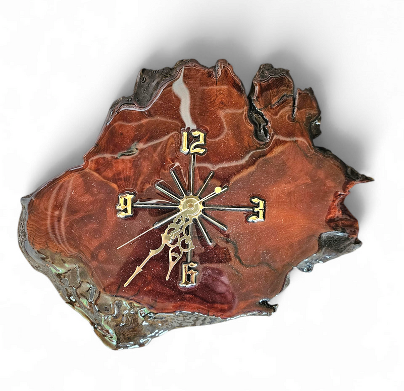 MACYS in box / wood tree slab clock / resin coated dark stained woodgrain sliced segment burled natural grain bark rustic lodge brass 1980s