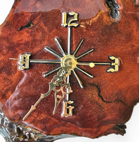 MACYS in box / wood tree slab clock / resin coated dark stained woodgrain sliced segment burled natural grain bark rustic lodge brass 1980s