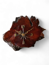 MACYS in box / wood tree slab clock / resin coated dark stained woodgrain sliced segment burled natural grain bark rustic lodge brass 1980s