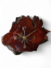 MACYS in box / wood tree slab clock / resin coated dark stained woodgrain sliced segment burled natural grain bark rustic lodge brass 1980s