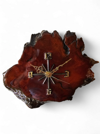 MACYS in box / wood tree slab clock / resin coated dark stained woodgrain sliced segment burled natural grain bark rustic lodge brass 1980s