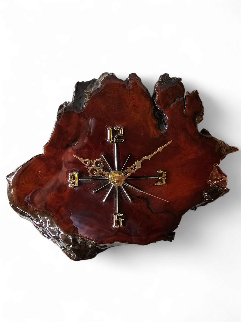 MACYS in box / wood tree slab clock / resin coated dark stained woodgrain sliced segment burled natural grain bark rustic lodge brass 1980s