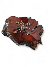 MACYS in box / wood tree slab clock / resin coated dark stained woodgrain sliced segment burled natural grain bark rustic lodge brass 1980s