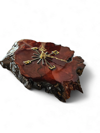 MACYS in box / wood tree slab clock / resin coated dark stained woodgrain sliced segment burled natural grain bark rustic lodge brass 1980s