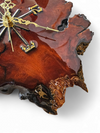 MACYS in box / wood tree slab clock / resin coated dark stained woodgrain sliced segment burled natural grain bark rustic lodge brass 1980s