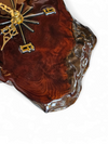 MACYS in box / wood tree slab clock / resin coated dark stained woodgrain sliced segment burled natural grain bark rustic lodge brass 1980s