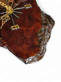MACYS in box / wood tree slab clock / resin coated dark stained woodgrain sliced segment burled natural grain bark rustic lodge brass 1980s