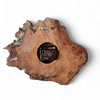 MACYS in box / wood tree slab clock / resin coated dark stained woodgrain sliced segment burled natural grain bark rustic lodge brass 1980s