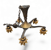 5 arms Art Deco / Art Nouveau / brass hanging lamp / Hand blown floral shades