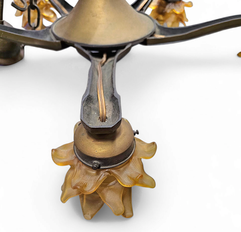 5 arms Art Deco / Art Nouveau / brass hanging lamp / Hand blown floral shades