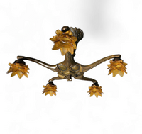 5 arms Art Deco / Art Nouveau / brass hanging lamp / Hand blown floral shades