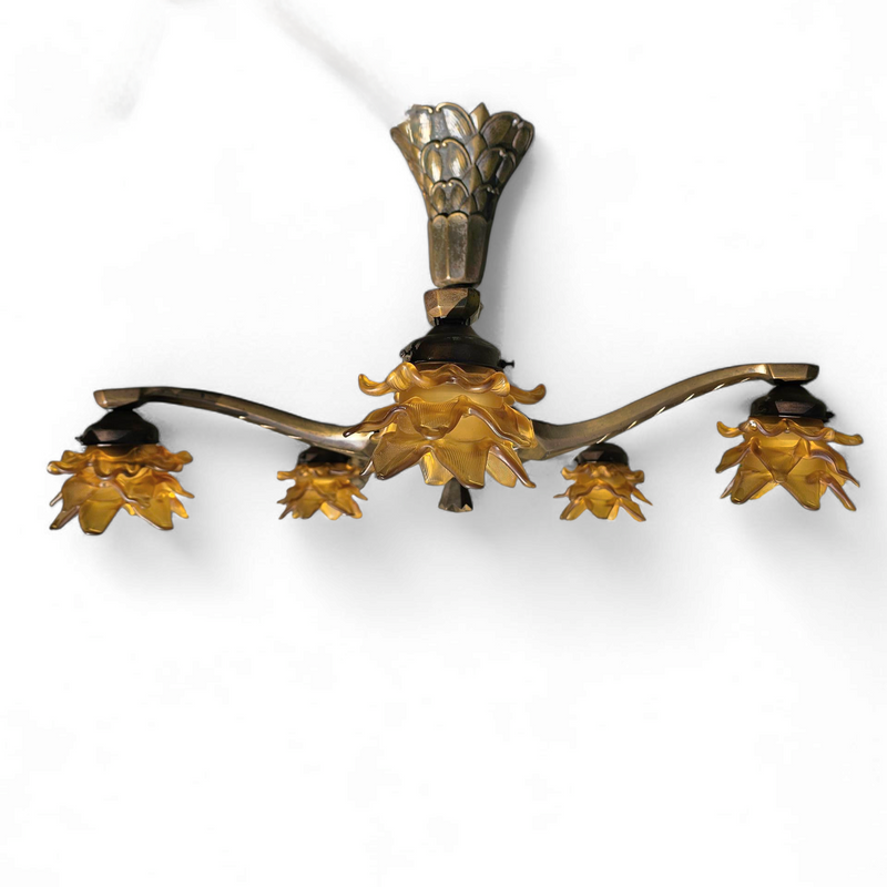 5 arms Art Deco / Art Nouveau / brass hanging lamp / Hand blown floral shades