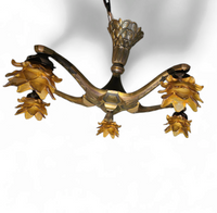 5 arms Art Deco / Art Nouveau / brass hanging lamp / Hand blown floral shades