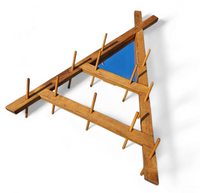 Wooden wall coat rack / triangular shape / triangle mirror at the top / 1960s