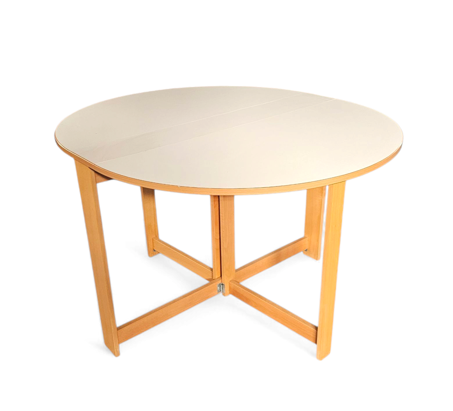 Vintage scandinavian folding dining table with side leaves. The oval top is made of white formica