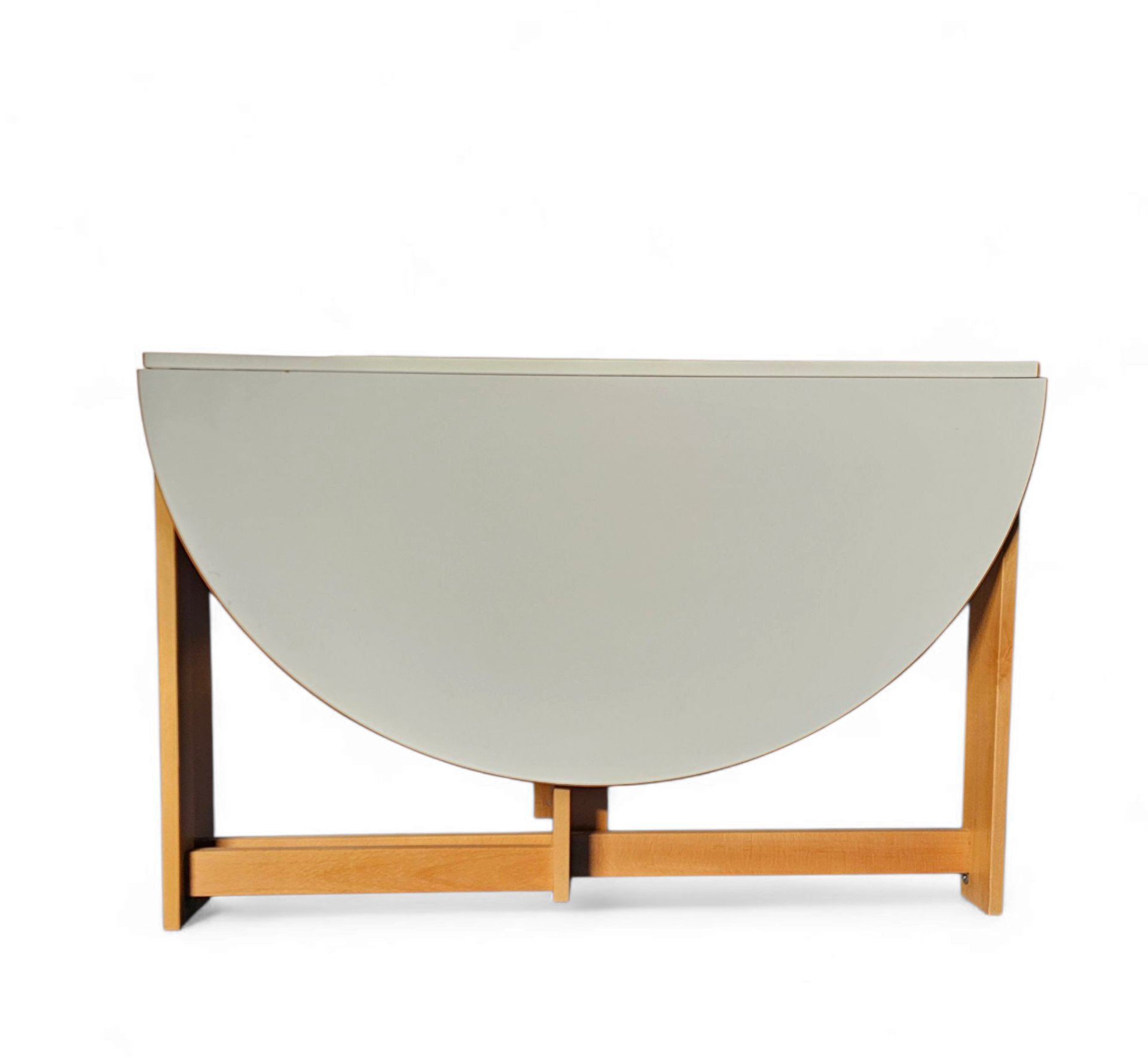 Vintage scandinavian folding dining table with side leaves. The oval top is made of white formica