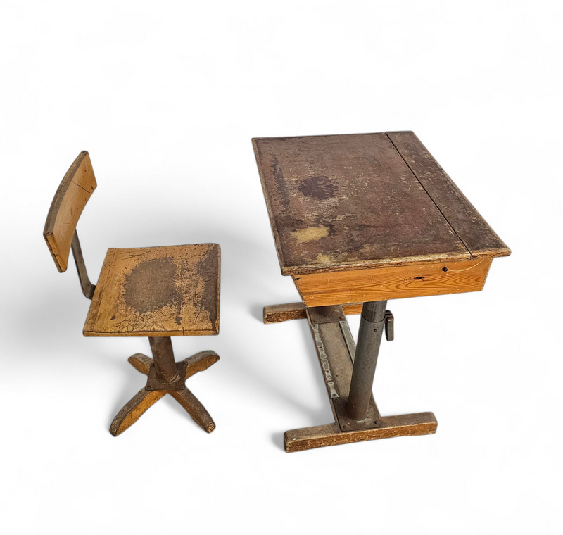 Matching school chair and table / both adjustable by
Grythyttan / first half of the 20th century