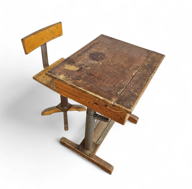 Matching school chair and table / both adjustable by
Grythyttan / first half of the 20th century