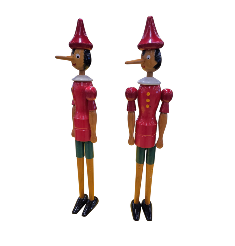 2 x Original wooden Pinocchio dolls by Gio Galetti / Italy 70s / height 80 cm