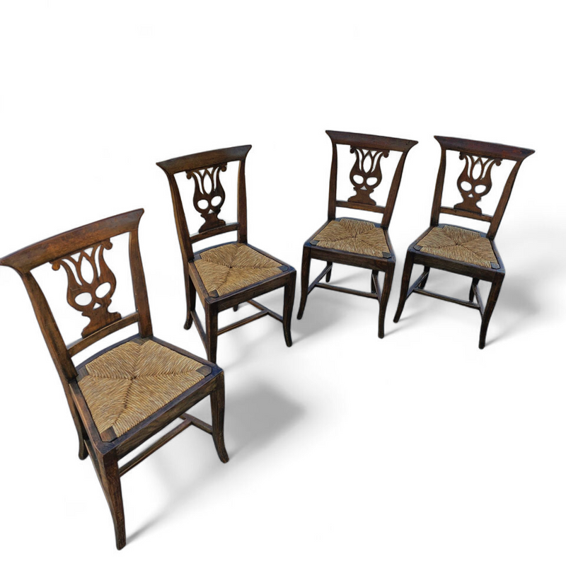 4 x elm dining chair with a carved back frame in a rosette / France / 1890-1900