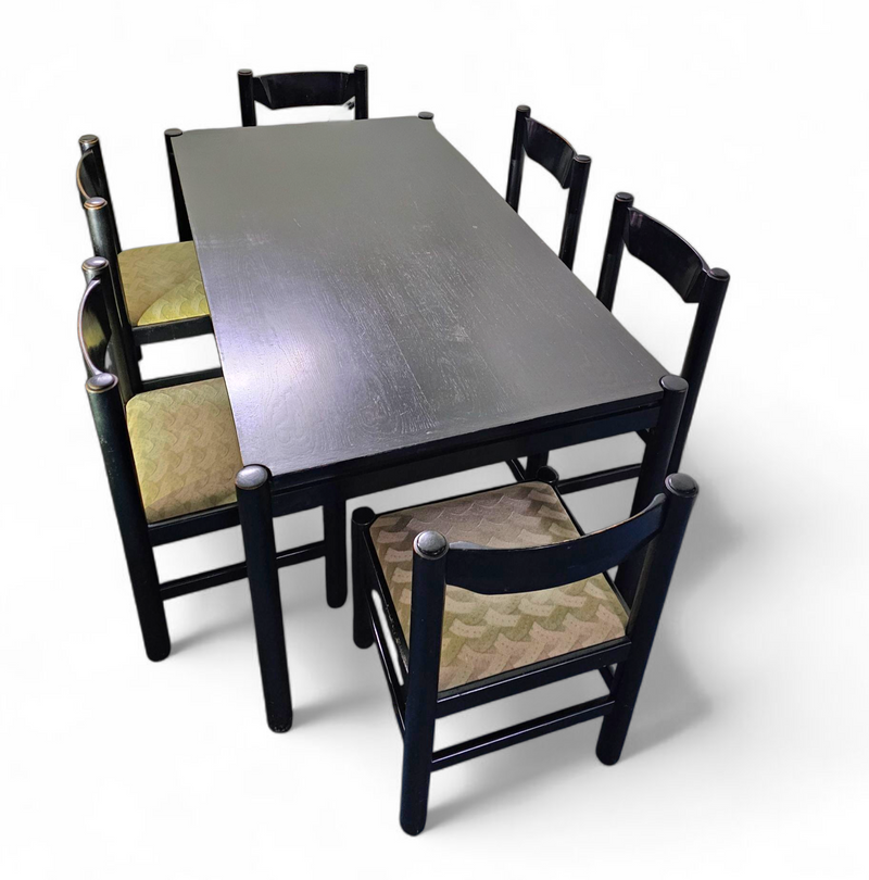 Rare dining set / Italy / 1970s/
solid black painted wood / 6 x chair / matching table