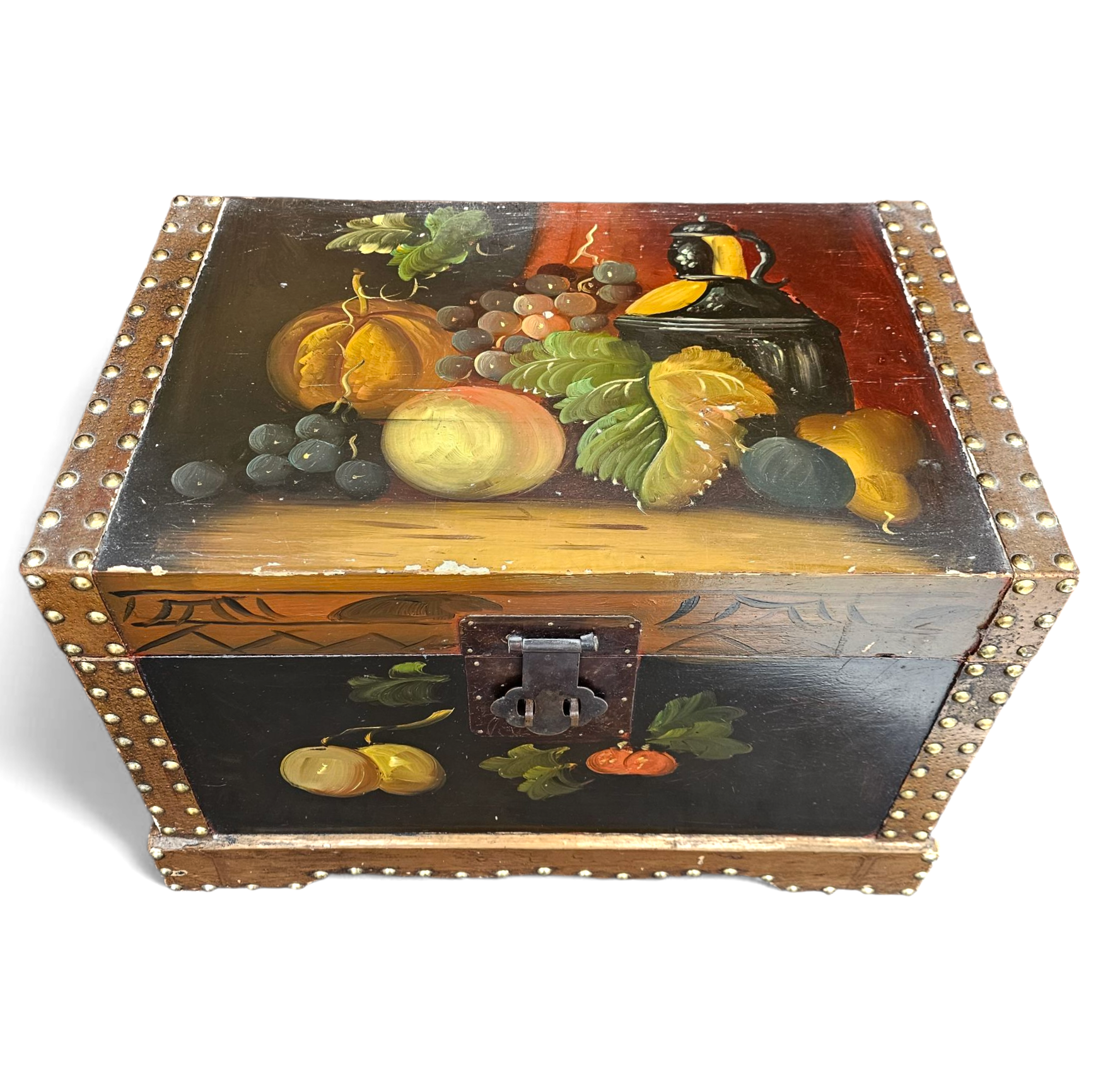 A VINTAGE FLORAL PAINTED DOME TOP TRUNK