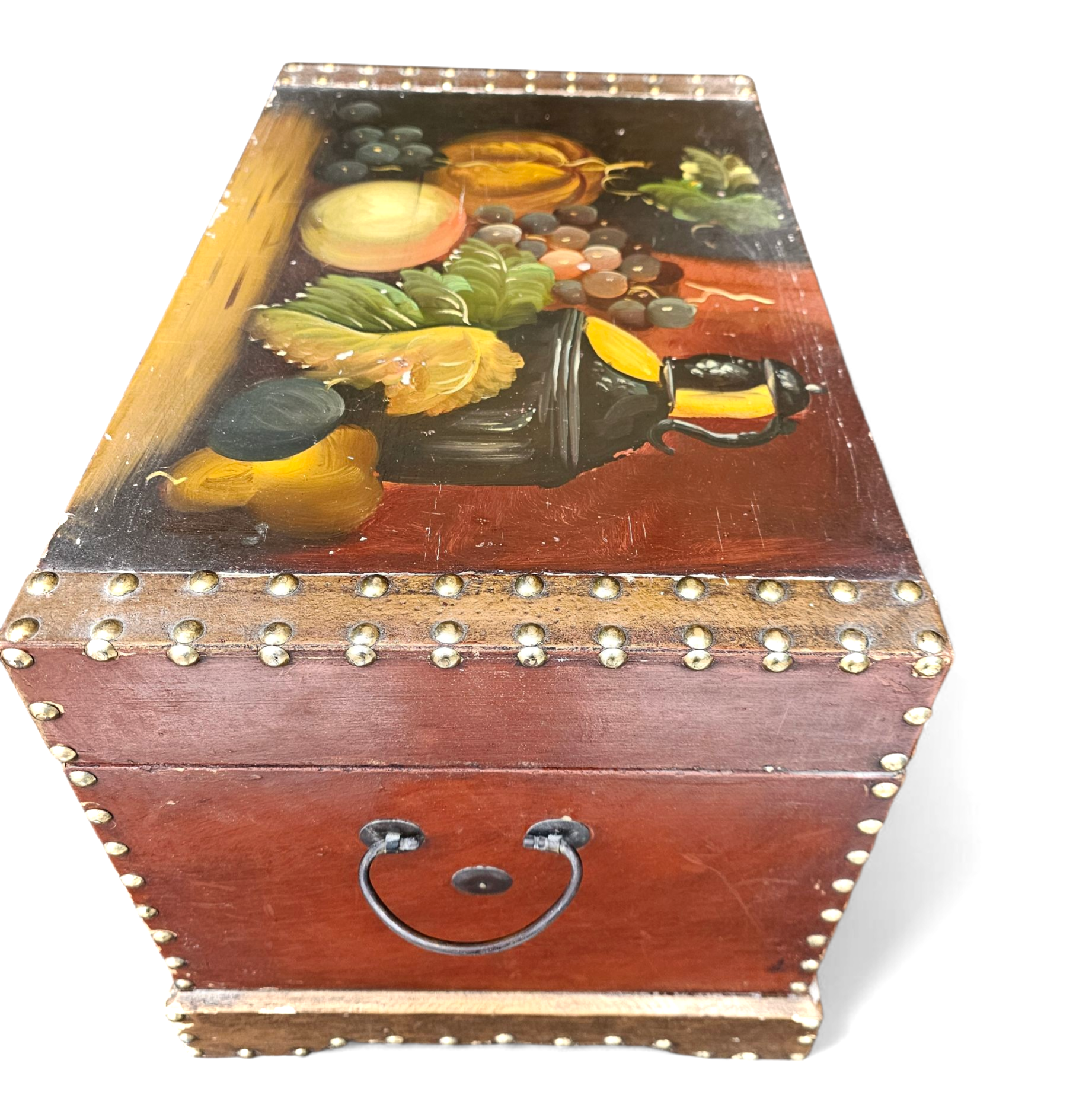 A VINTAGE FLORAL PAINTED DOME TOP TRUNK