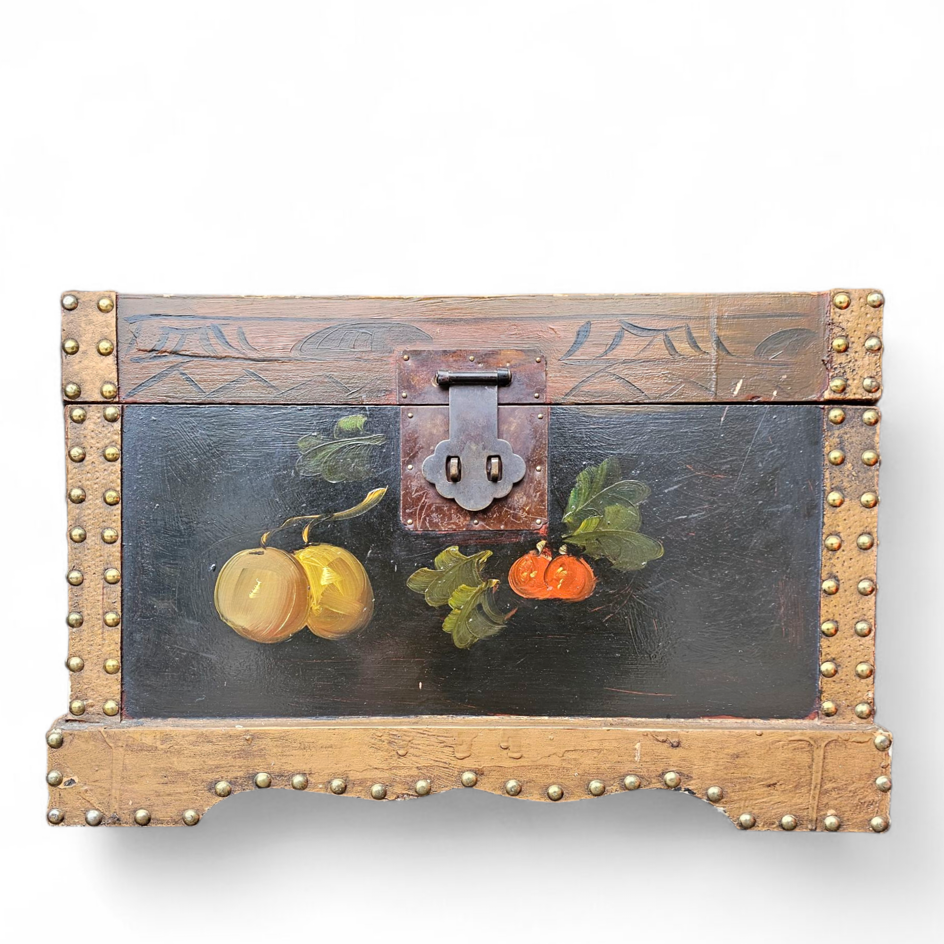 A VINTAGE FLORAL PAINTED DOME TOP TRUNK