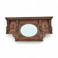Dutch entryway wall coat rack / solid wood / carved decorations and mirror in the center / 1950s