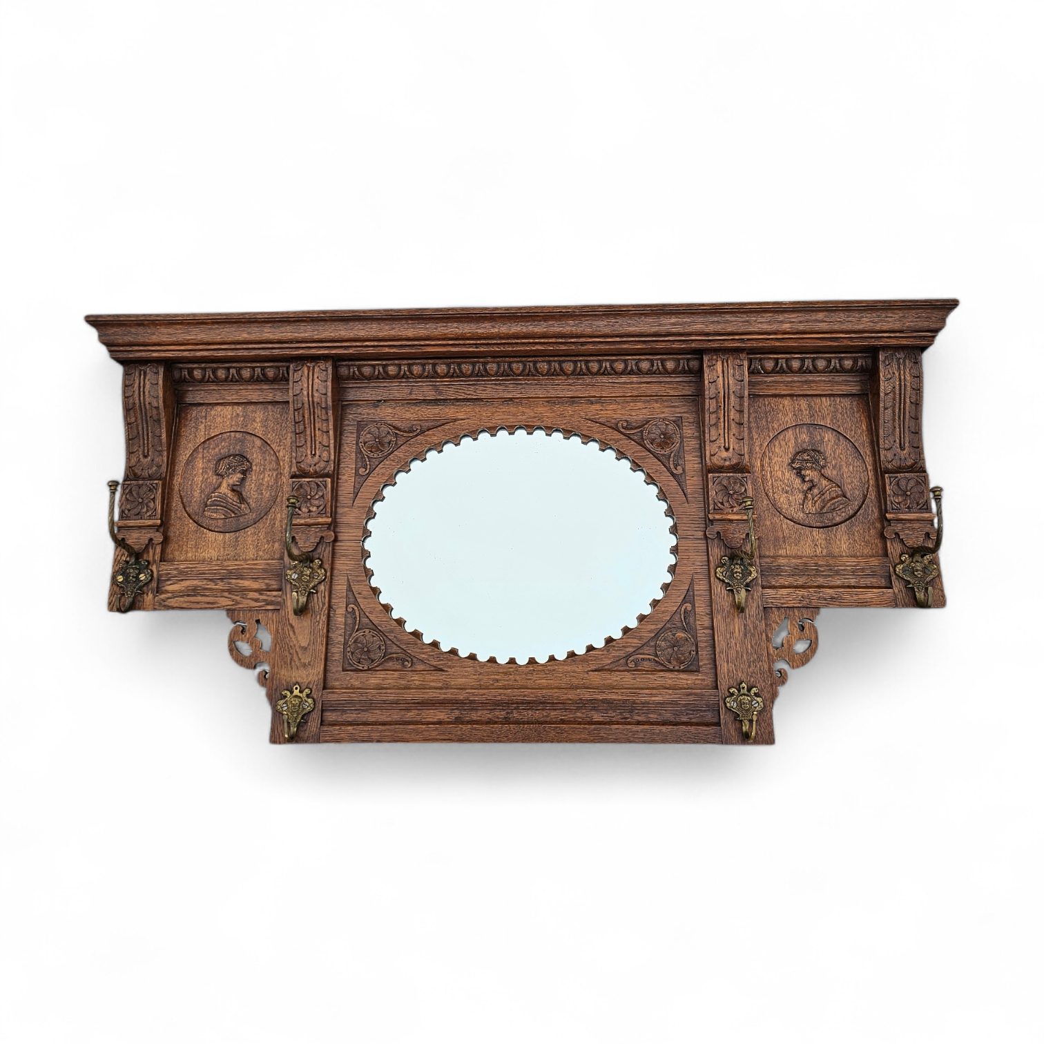 Dutch entryway wall coat rack / solid wood / carved decorations and mirror in the center / 1950s