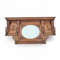 Dutch entryway wall coat rack / solid wood / carved decorations and mirror in the center / 1950s