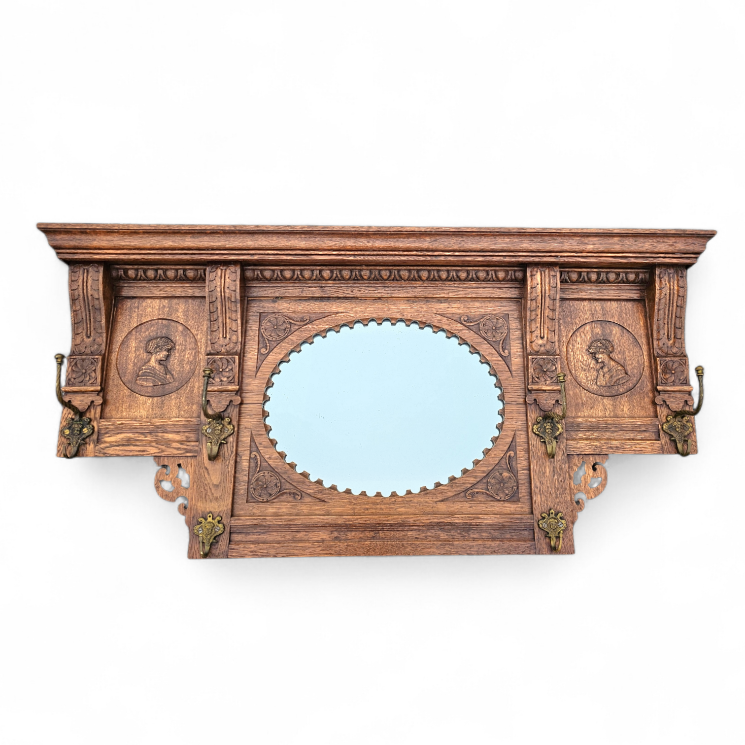 Dutch entryway wall coat rack / solid wood / carved decorations and mirror in the center / 1950s