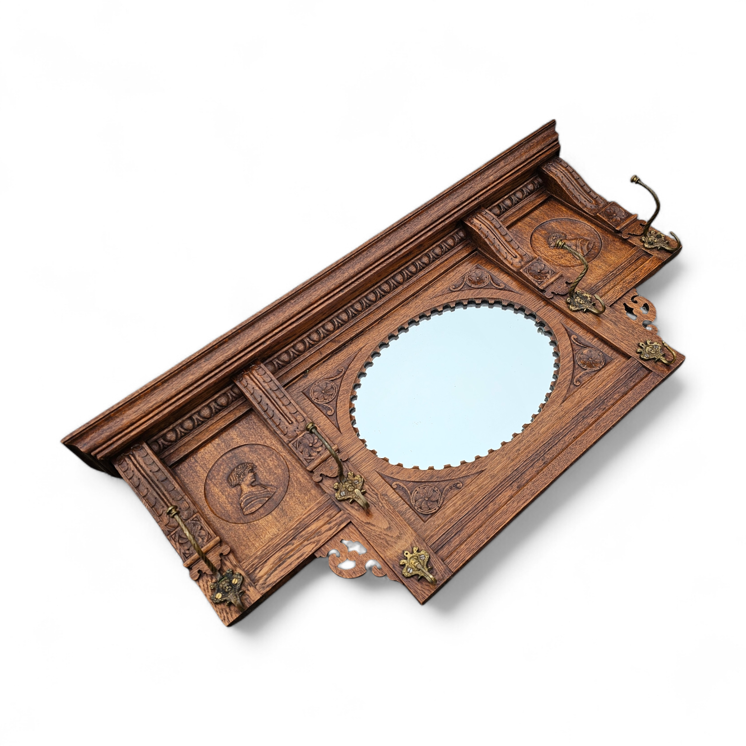 Dutch entryway wall coat rack / solid wood / carved decorations and mirror in the center / 1950s