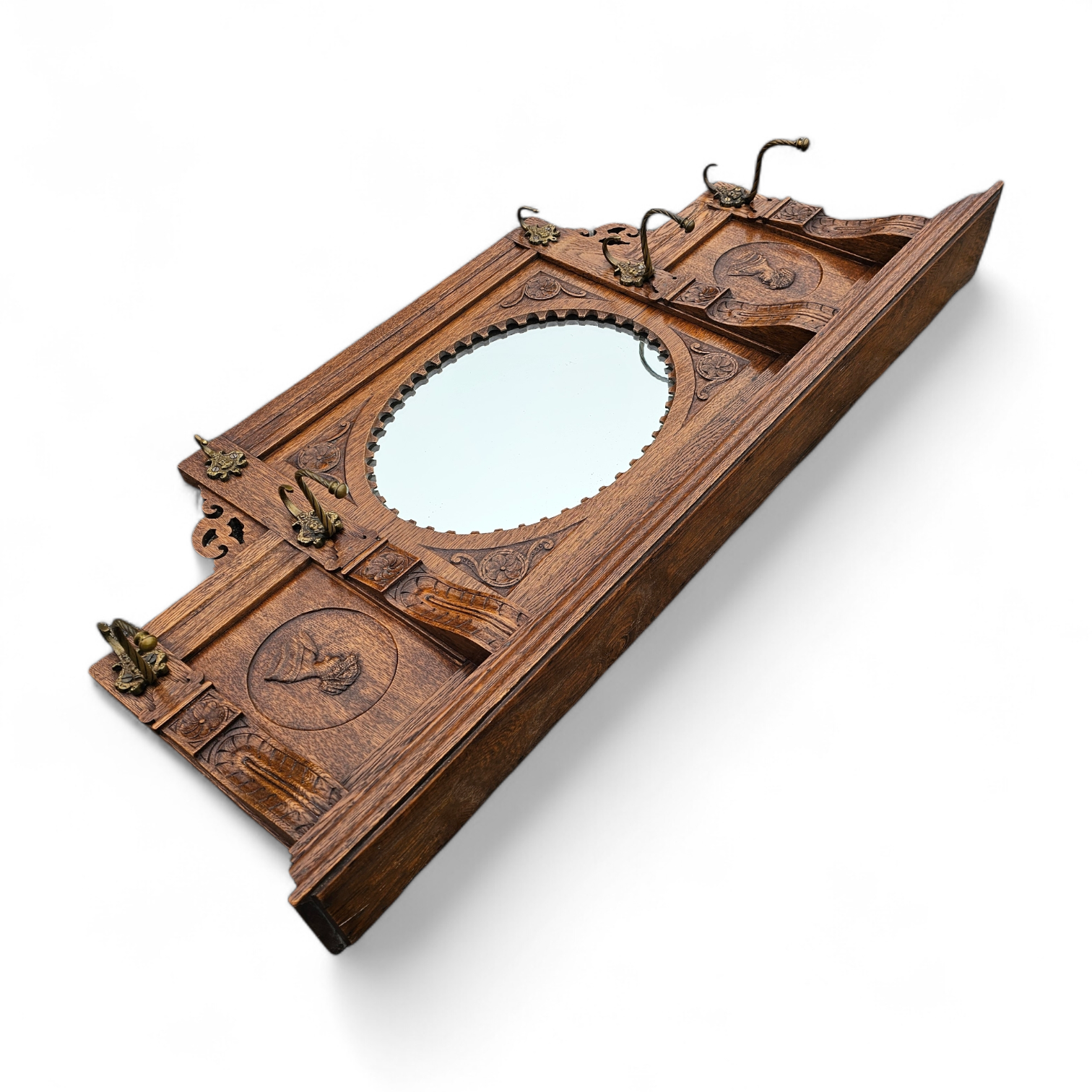 Dutch entryway wall coat rack / solid wood / carved decorations and mirror in the center / 1950s