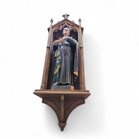 Statue of a religious figure / Patron Saint Gerard Majella / placed in a Gothic niche / labeled /